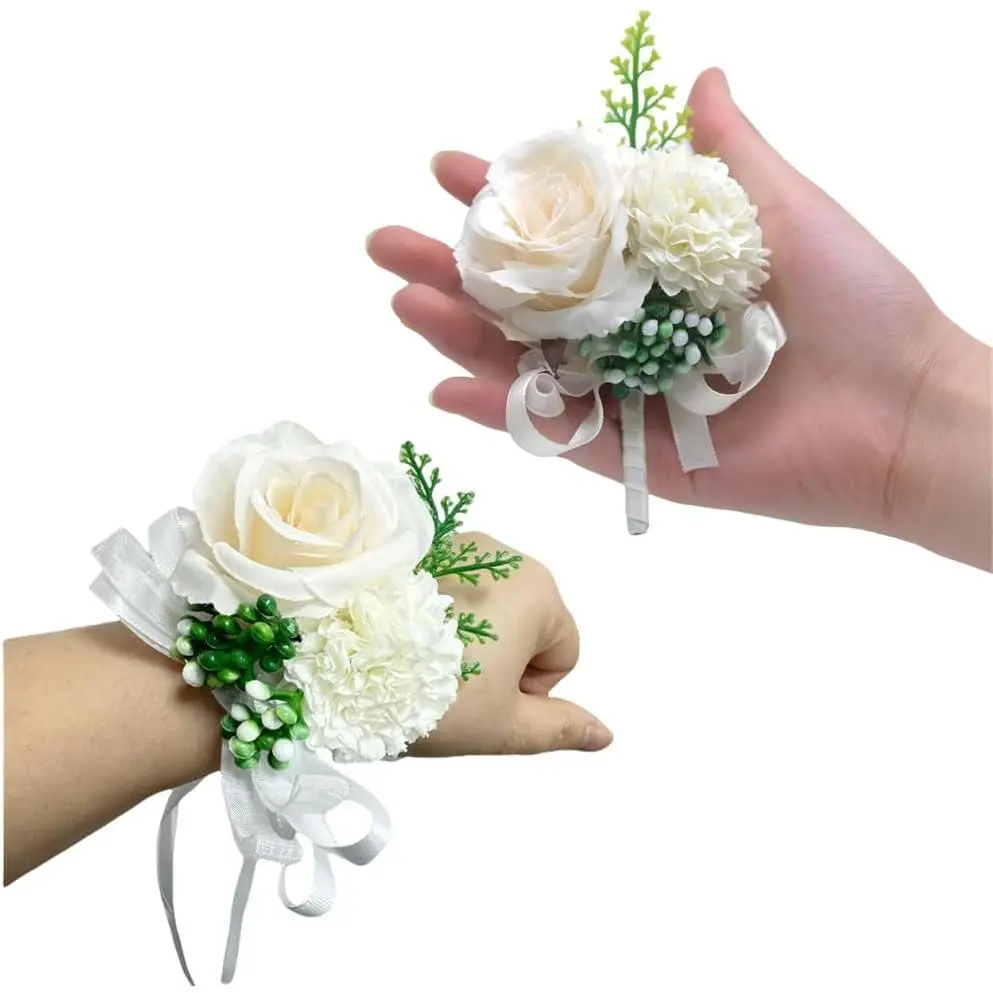 2-Piece Handmade Reusable Fabric Carnation Rose White Flower Corsage & Boutonniere Set - Formal Wristlet Floral Decor, Wedding Bridal Shower Prom Homecoming Accessories