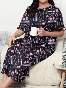 Large women's pajamas short sleeved round neck casual and fashionable nightgown