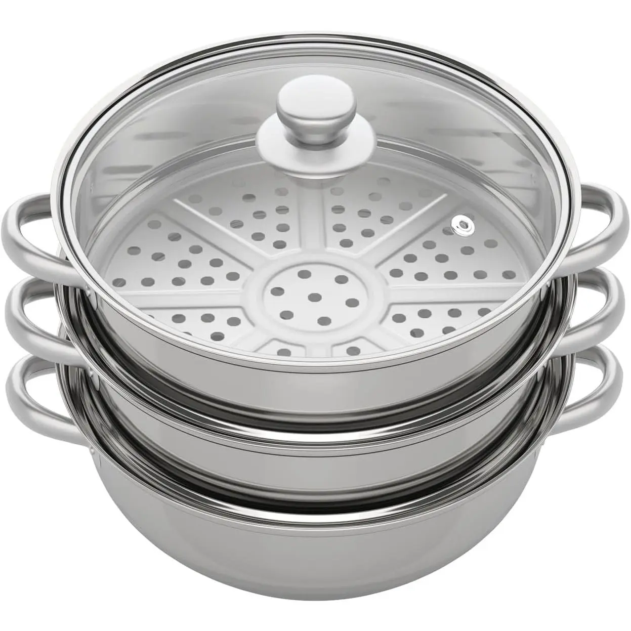 3-Tier Overlapping Stainless Steel Steamer Pot - Round Cookware with Transparent Glass Cover, Durable Handles, Infusion Grooves, Induction Compatible for Seafood, Rice,summerwins
