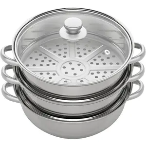 Steamer Pot For Cooking, 3-Tier Food Steam Pots with Overlapping Design Transparent Lid Durable Handles and Infusion Grooves Multi-Functions Stainless Steel Steamer Pot for Seafood Soup Rice Beef Etc
