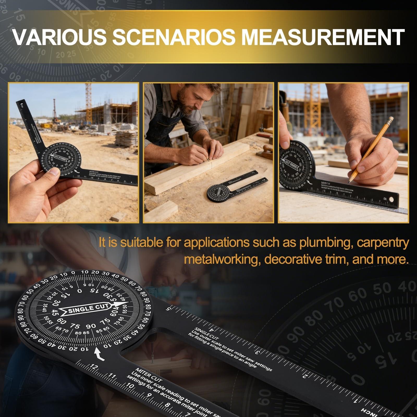 7 Inch Aluminum Miter Saw Protractor, High Accuracy Angle Finder for Interior & Exterior Cuts, Includes 2 Additional Straight Edge Tools for Carpenters, Contractors, Plumbers and Household DIY Projects 7 Inch Aluminum Miter Saw Protractor, High Accuracy Angle Finder for Interior & Exterior Cuts, Includes 2 Additional Straight Edge Tools for Carpenters, Contractors, Plumbers and Household DIY Projects