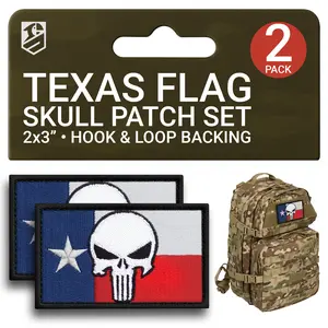 Texas Flag Skull Patch Set – 2Pcs Embroidered Tactical Patches (2x3 Inches)
