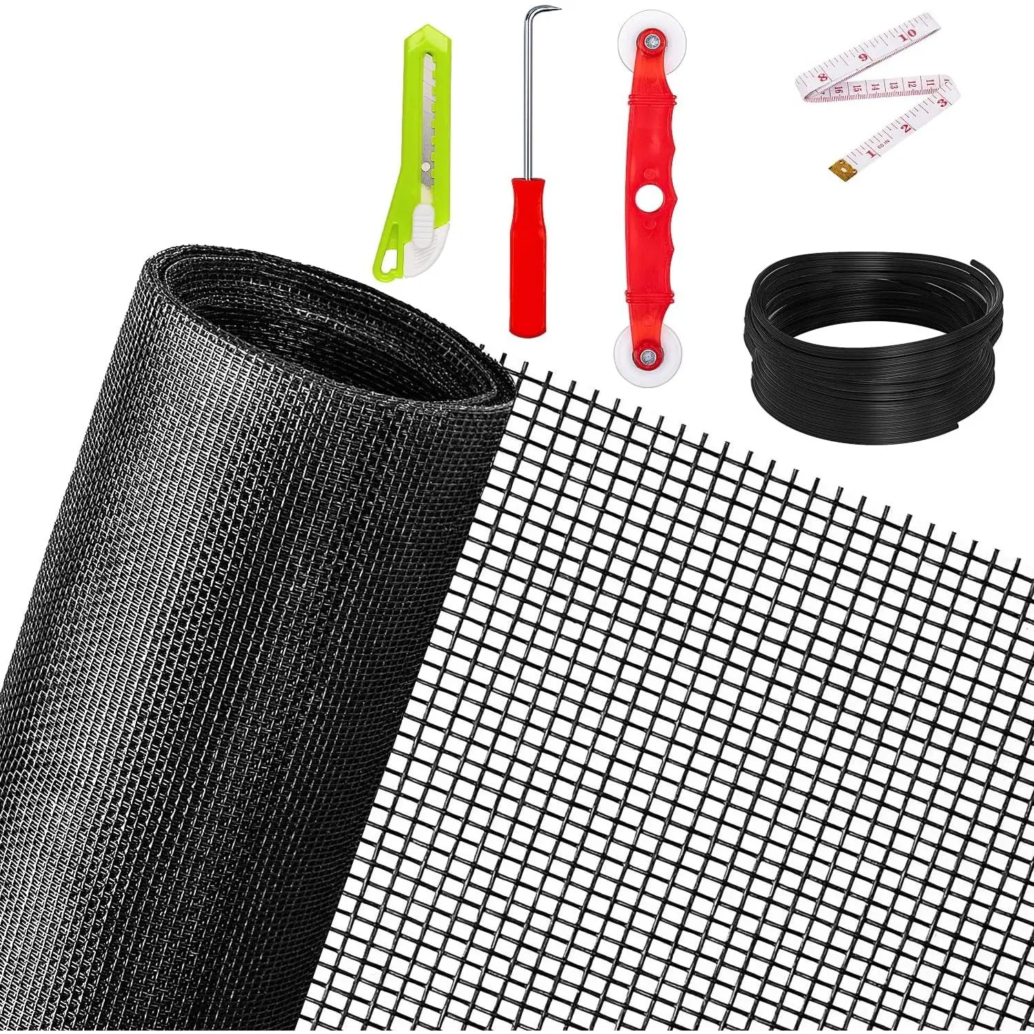 Replacement Window Screens Kit, 48X118 Inch Durable Window Screen Mesh for Patio Porch Door Windows, DIY Adjustable Fiberglass Screen Repair Kit with Rolling Tool Hook Ruler  Spline
