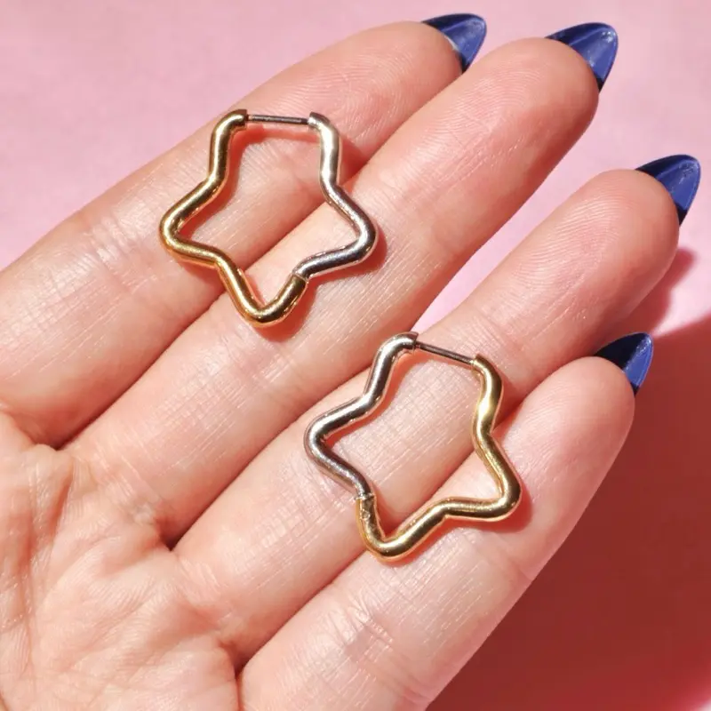 Star Hoops Dual Tone Stainless Steel Earrings - Silver & Gold Finish, Lightweight, Hypoallergenic, Tarnish-Free, Water Resistant