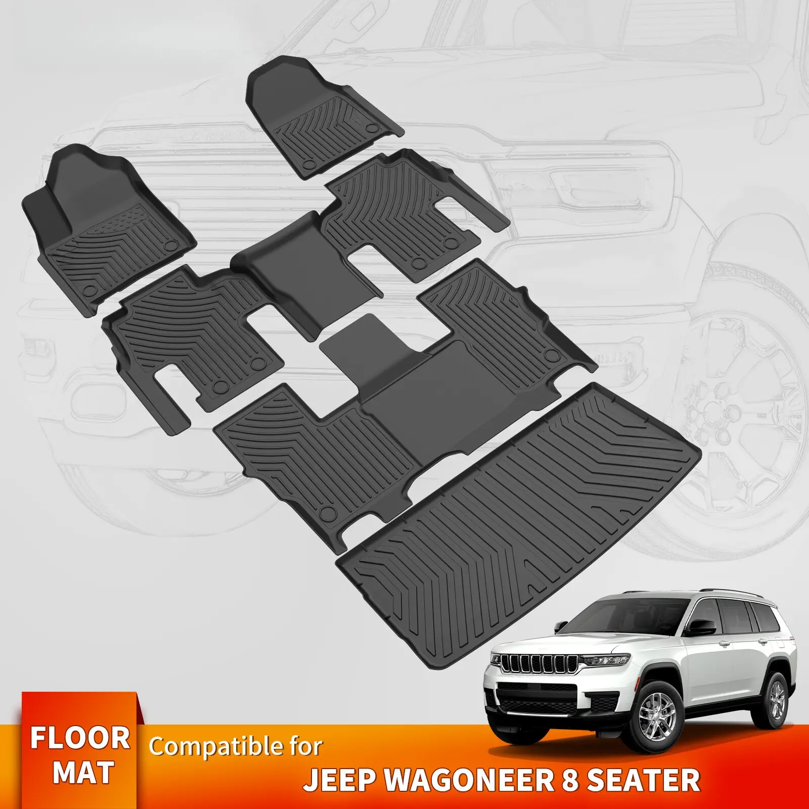 3 Row Floor Mats &Cargo Liner For 2022-2025 Jeep Wagoneer TPE Rubber All-Weather