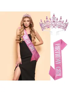 2PCS SET Pink Crystal Birthday Tiara Crowns for Women Girls Elegant Princess Crown with Combs Birthday Girl Headband Sash Happy Birth Party Decorations Birth Gift Cake Topper Hair Accessories
