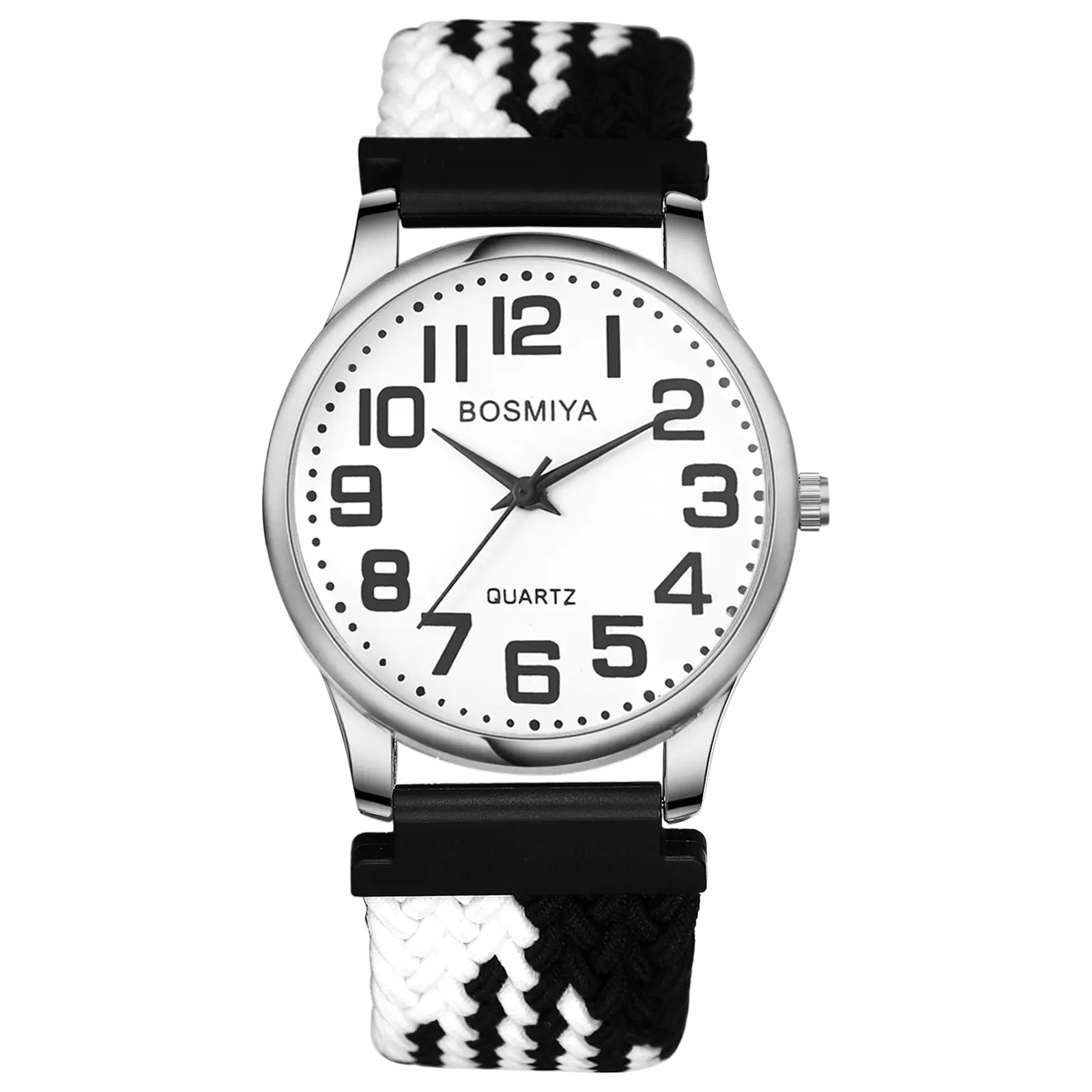 OIDEA Men's Unisex Quartz Watch - Round, Simple, Large Numeral Display, Black-White Woven Elastic Band, Easy Slip-On, Casual Wear Black-And-White Wrist Watch, Senior-Friendly Fashion Accessory, Gift for Parents, Black-And-White Wrist Watches