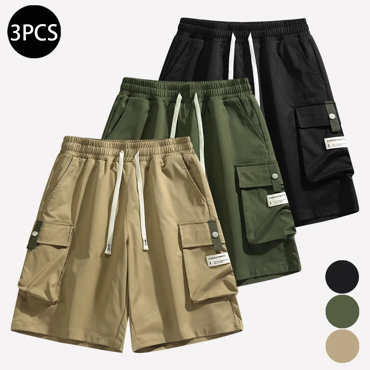 Men’s lightweight 3-piece summer cargo pants set with multiple pockets and embroidered logo patches, loose yet well-fitting, durable and wrinkle-resistant—perfect for everyday wear, street style, skateboarding, and camping men's shorts khakis, Clothes, Tr