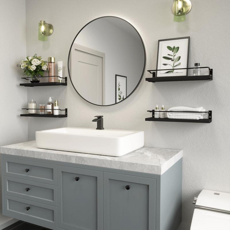 Bathroom Floating Shelves with Guardrail, Set of 4 Wall Mounted Small Storage Bathroom Shelves, Rustic Bathroom Shelves Over Toilet, Wall Shelves for Kitchen Living Room Bedroom - Black- Carbonized Black-White