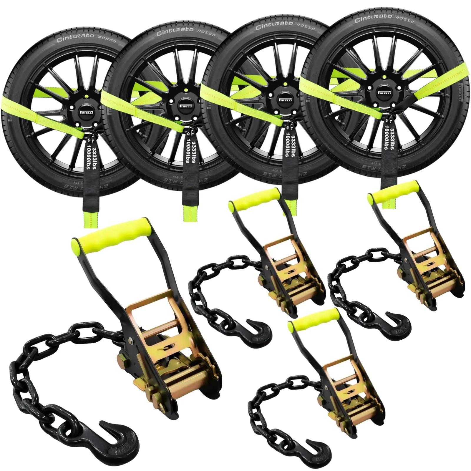4 Pack Reflective Car Tie Down Straps for Trailers Tire Ratchet Strap with Chain Anchors 2" x 10' 10,000LBS Break Strength Wheel Straps for Hauling UTV,SUV,Truck (Fluorescent Green, 2''*10')