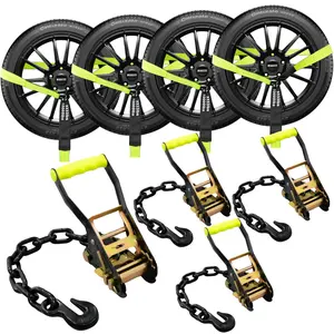 4 Pack Reflective Car Tie Down Straps for Trailers Tire Ratchet Strap with Chain Anchors 2" x 10' 10,000LBS Break Strength Wheel Straps for Hauling UTV,SUV,Truck (Fluorescent Green, 2''*10')