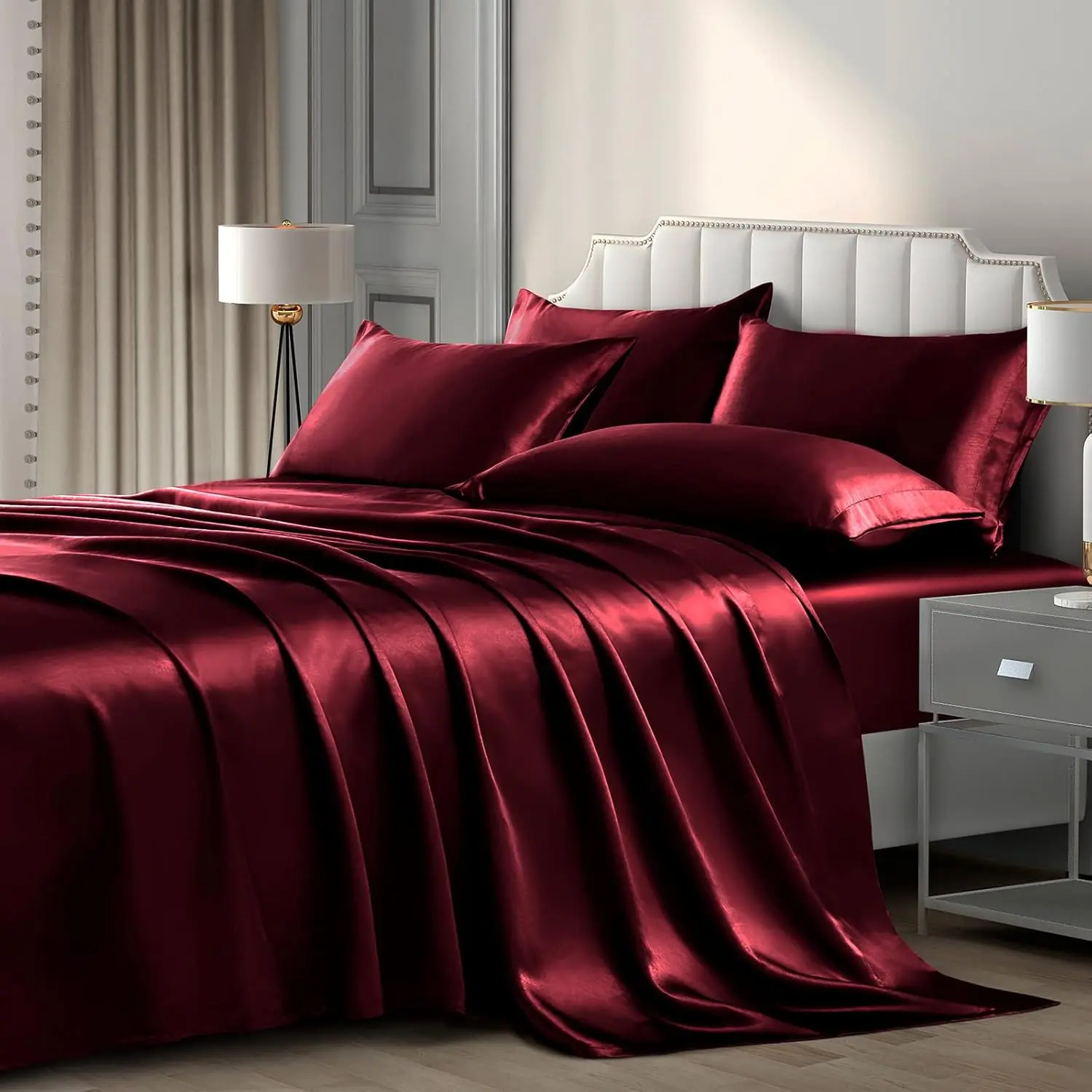 6 ieces  Satin Sheets Luxury Silky Burgundy Satin Bedding Sheet Set, 1 Dee ocket Fitted Sheet + 1 Flat Sheet + 4 illow Cases