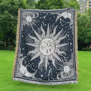 Bohemian Style Sun & Moon Pattern Tassel Throw Blanket, Soft Washable Tassel Blanket for Couch, Bed, Office, and Picnics, Boho Blanket