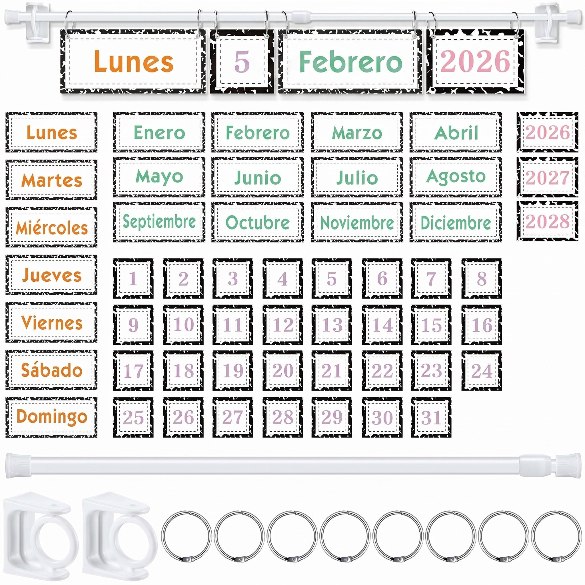 Spanish Classroom Flip Calendar Back to School Reusable Classroom Calendar Calendario Espanol First Day of School Bulletin Board White Board Classroom Decor Teacher Hack Organization Kit Include Rod and 54 Date Cards for Preschool kindergarten Primary