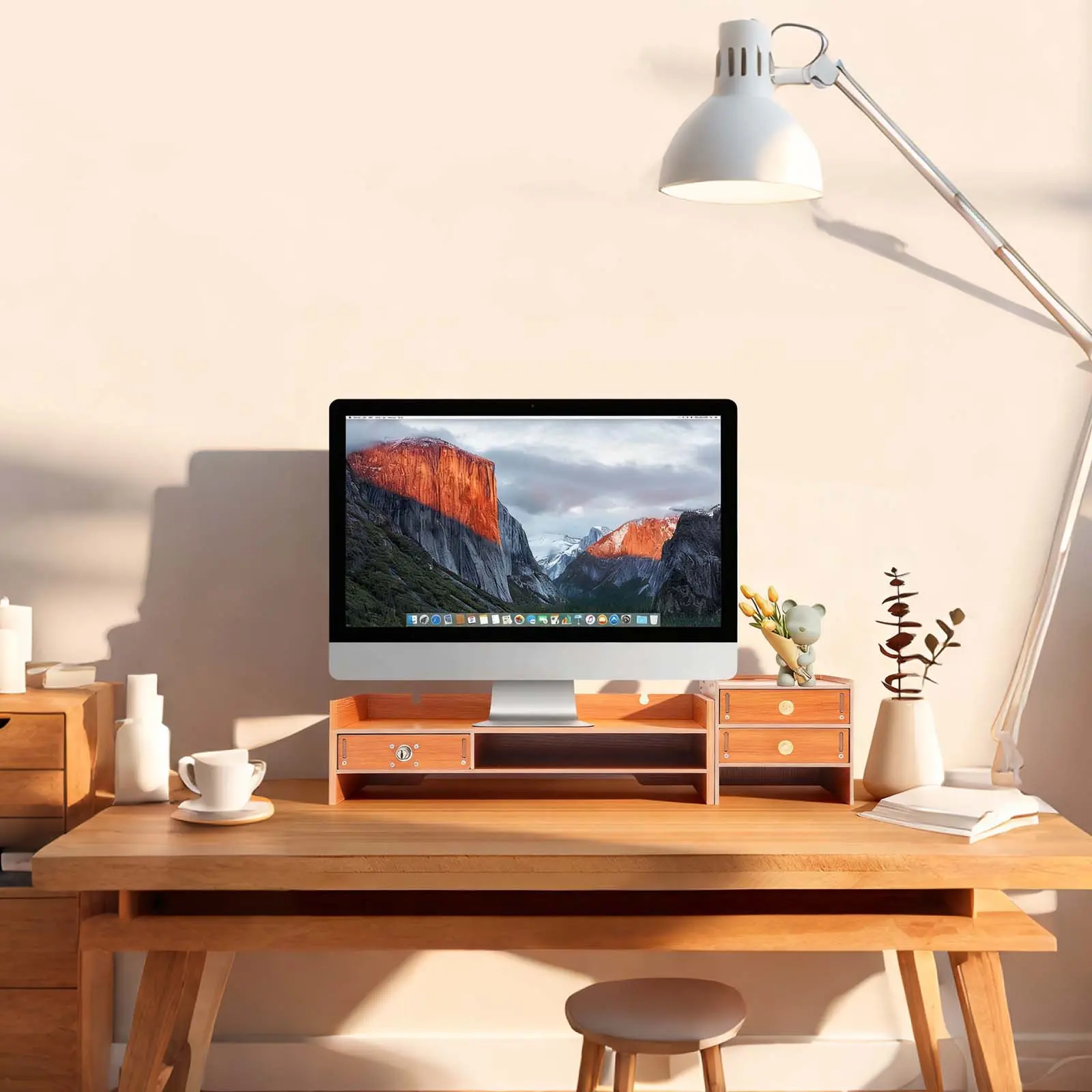 Computer Monitor Stand 65.5cm Long, Wood MDF Desk Riser with Side Cabinet & Phone Holder, 5kg Capacity for Office Study