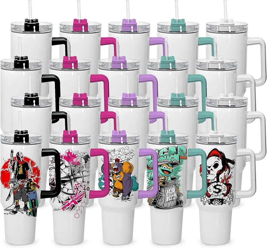 16-Pack 40oz H1.0 Sublimation Thermo Tumbler Flasks, Double Wall Vacuum Insulated Stainless Steel Portable Heat Resistant Travel Drinkware with Colored Handles, Large Capacity Cups for DIY Enthusiasts Heat Printing