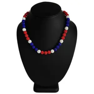 Iced Bling Disco Ball Rhinestone Crystal Bead Baseball Necklace Red White Blue