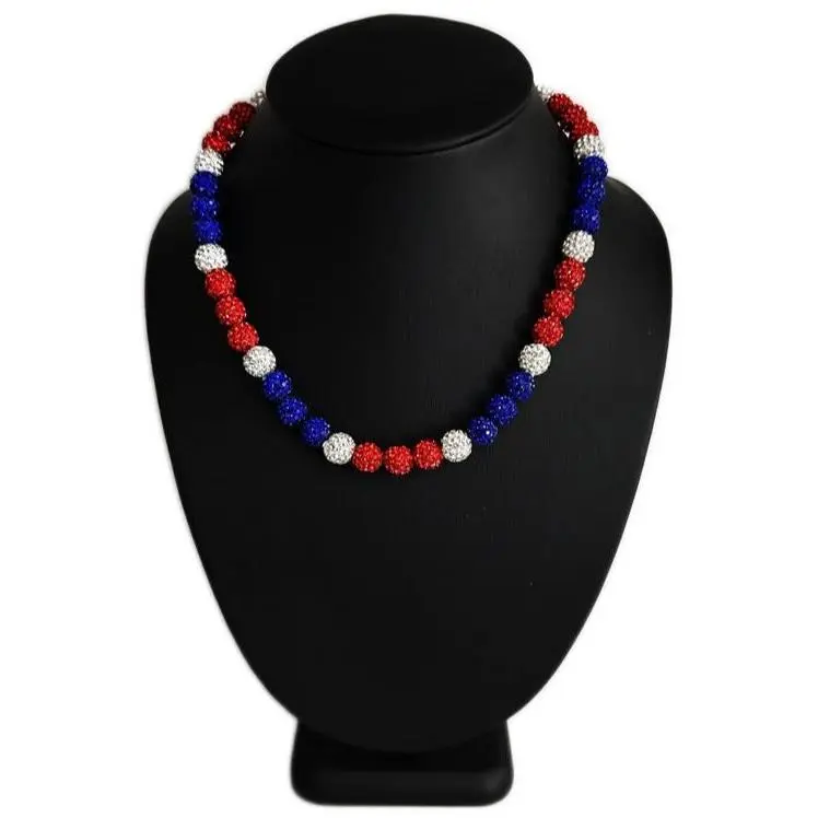 Iced Bling Disco Ball Rhinestone Crystal Bead Baseball Necklace Red White Blue