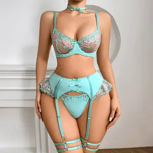 Embroidered flower with steel ring bra garter belt leg circumference thong lingerie four piece set