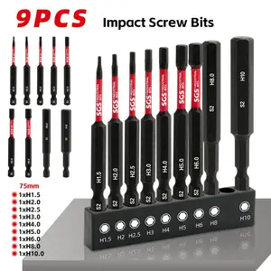 9 Pcs Wear and Impact-Resistant, Non-Slip Magnetic Hex Screwdriver Bits Set, 75mm（H1.5 H2 H2.5 H3 H4 H5 H6 H8 H10) with Black Base, Universal 1/4" Shank S2 Steel - Ideal for Handicraft Work, Forestry, Woodworking, Office and DIY Use