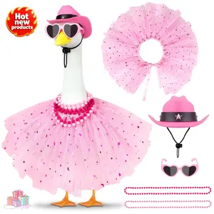 23" Porch Goose Pink Cowgirl Costume - Tutu Dress, Cowboy Hat Sunglasses & Beads | Fun Outdoor Lawn Statue Party Decor (No Goose)