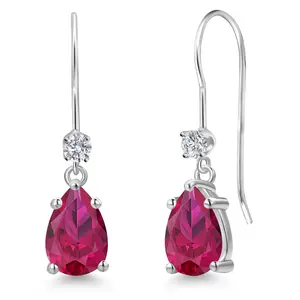 Gem Stone King 14K White Gold Red Created Ruby and Lab Grown Diamond Earrings for Women | 2.23 Cttw | Gemstone July Birthstone | Pear Shape 8X5MM