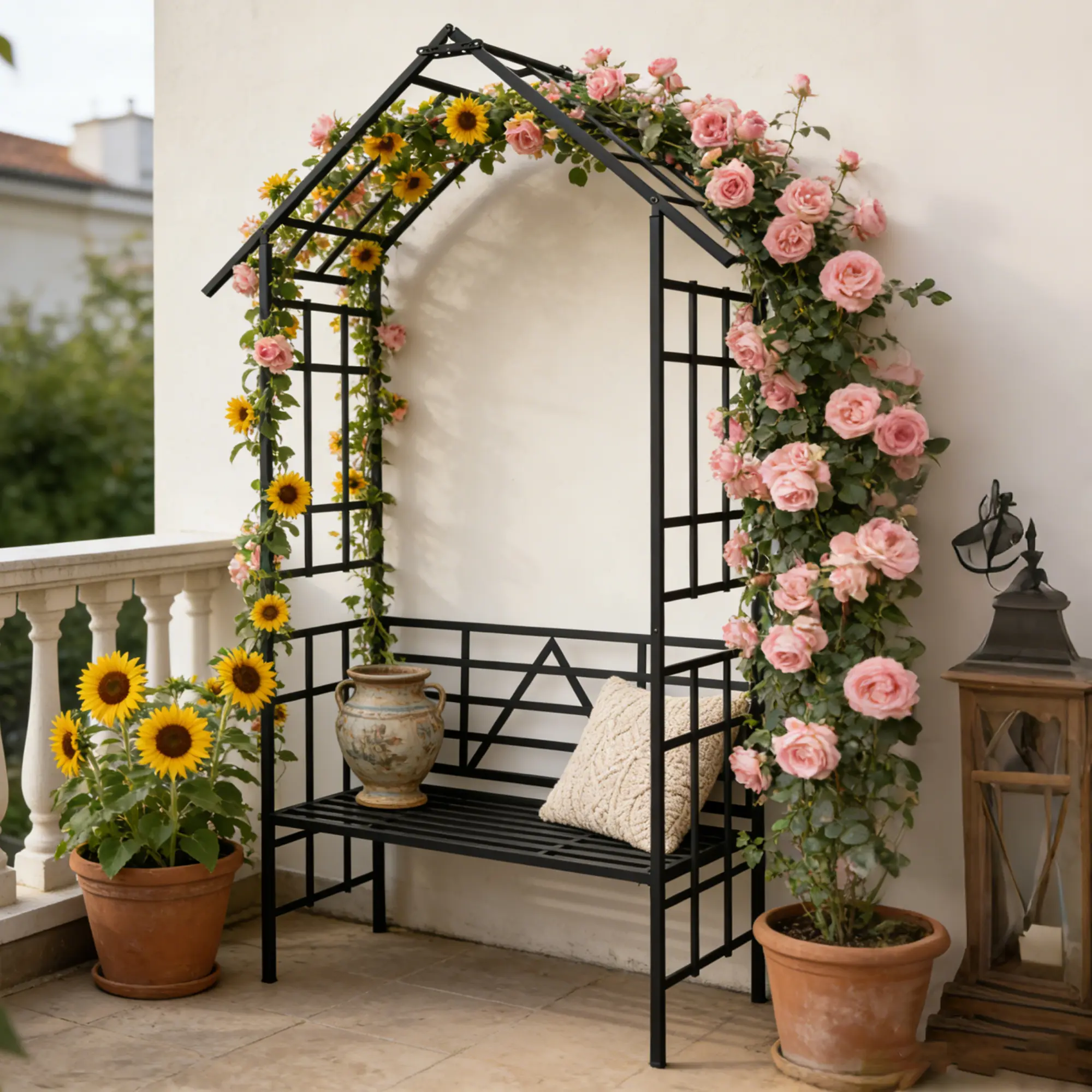 Metal Garden Arch with Bench Flower Stand Climbing Plant Support Rose Trellis for Outdoor Patio Yard Decor Black 58x97in, Heavy Duty Steel Frame Wedding Ceremony Arbor Backdrop for Climbing Vines and Roses, Home Furniture and Household Product
