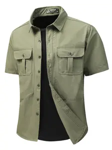 Summer Thin Plain Casual Slim-Fitting Short Sleeve Shirt, Men's Workwear Multi-Pocket Design, Outdoor Loose Fit Men's Shirt