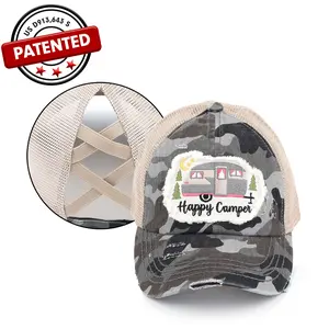 C.C Distressed Embroidered Happy Camper Patch Pony Cap for Women graphic hat
