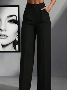 Women's High Waist Loose Fit Slimming Casual Straight Leg Pants, Minimalist Style, Solid Pattern, Fitted Design, Perfect for Daily Wear, Womenswear