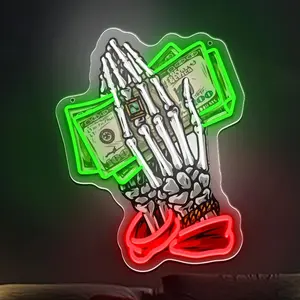 Money Dollar Skeleton Hands Dimmable Neon Sign for WallDecor Unique Quirky Art for Indoor Home Commercial UseGifts High Visibility Eye Catching Design