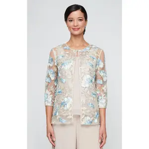 3/4 Sleeve Embroidered Twinset with Solid Chiffon Scoop Neck Tank and Hook Neck Closure Jacket