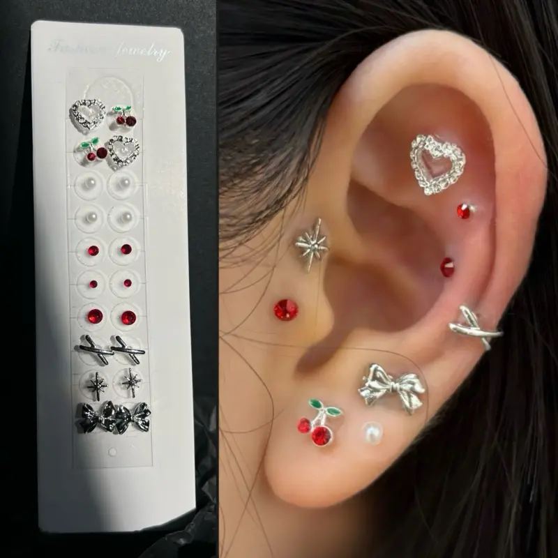 LuluPop Ear Seeds Jewelry – Cherry Heart Bow Acupressure Earrings Stickers for Non Pierced Ears , Ear seeding patches festival non-piercing body Ear Seed Earrings