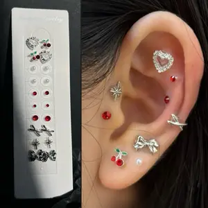 LuluPop Ear Seeds Jewelry – Cherry Heart Bow Acupressure Earrings Stickers for Non Pierced Ears , Ear seeding patches festival non-piercing body Ear Seed Earrings