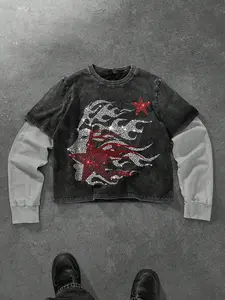 Men's Two-Piece Long Sleeve T-Shirt, Graphic Flame Star Face Print, Colorblock Design, Vintage Distressed Texture, Casual Fit, Spring & Fall, Streetwear