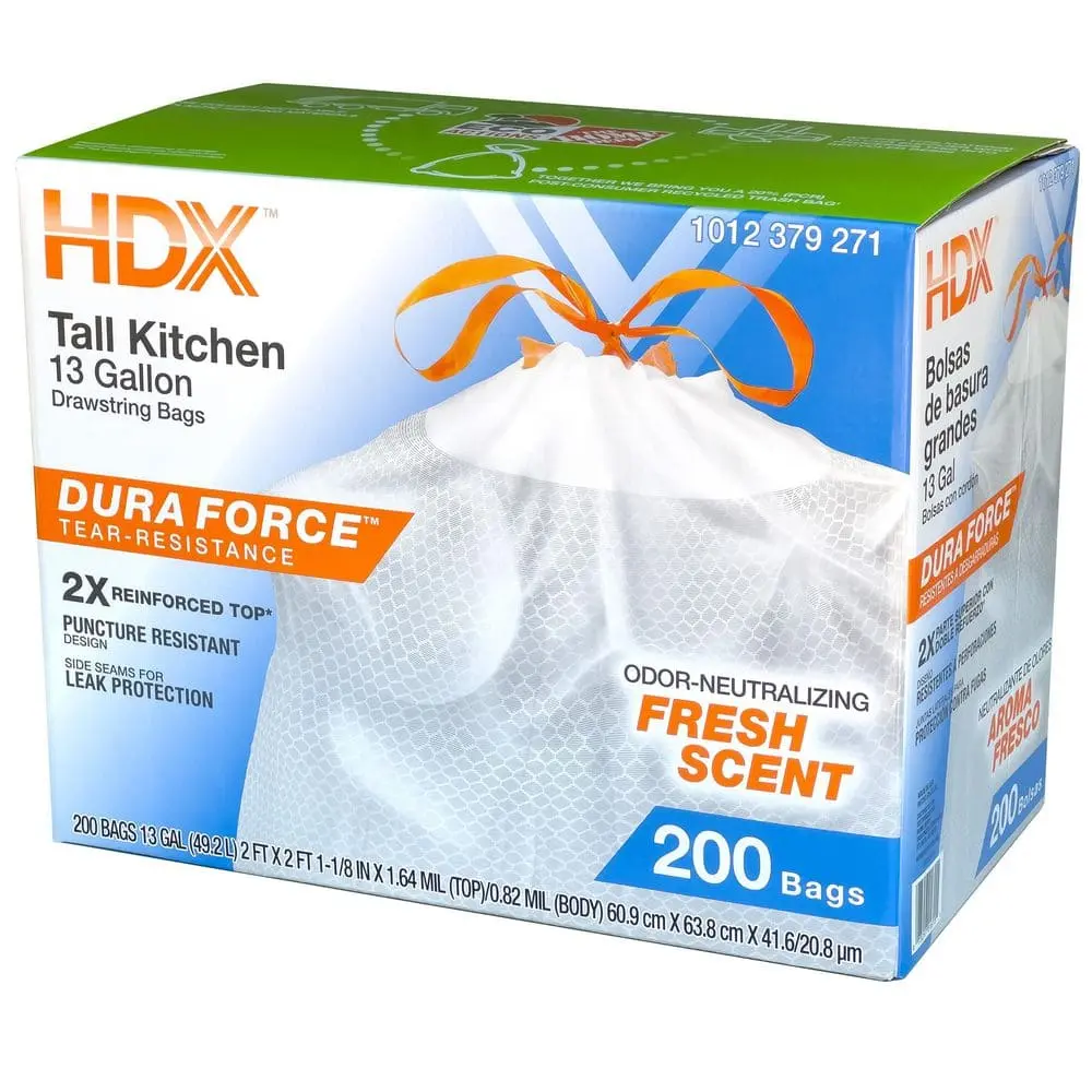 13 Gallon Reinforced Top Drawstring Fresh Scented Tall Kitchen Trash Bags with 20% PCR (200-Count)