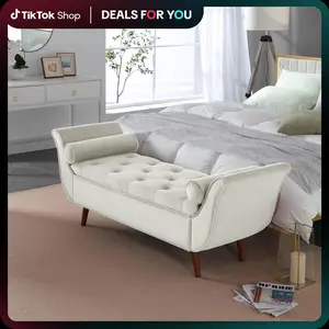 SZLIZCCC Velvet Storage Ottoman 65" Long King Size with Solid Wood Legs Deep Button Tufting & Rolled Armrests for Bedroom Entryway Living Room White