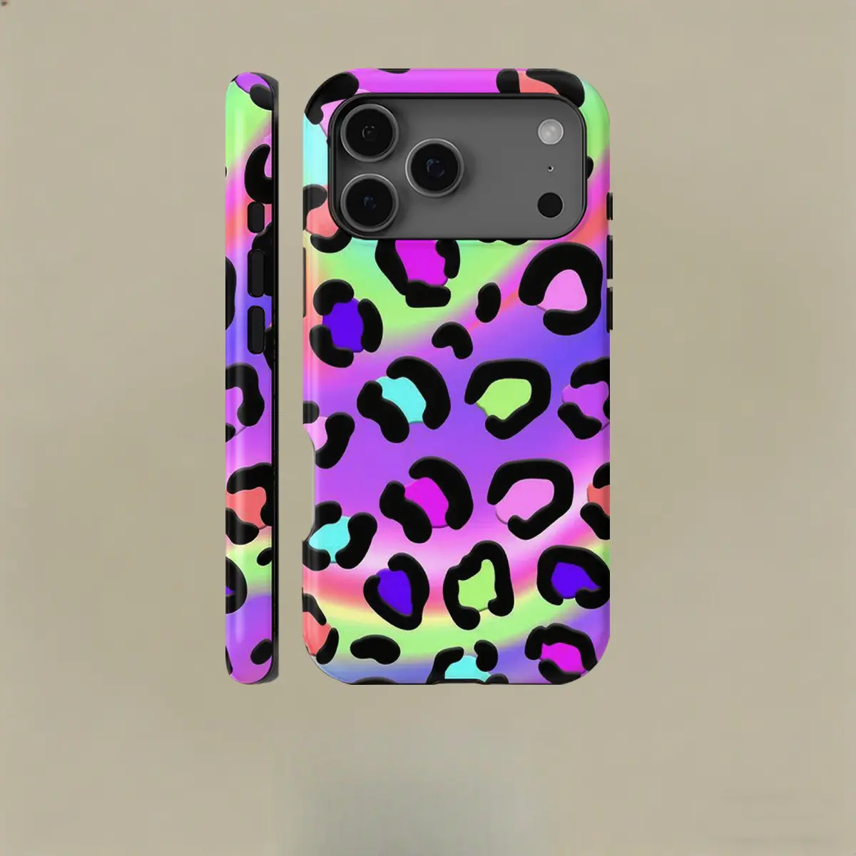 Neon gradient leopard print pattern, durable and shock-absorbing glossy 2-in-1 phone case, suitable for iPhone 17, 16, 15, 14, 13, 12, 11 X, Samsung and other series models, can be given as a holiday gift to friends or home