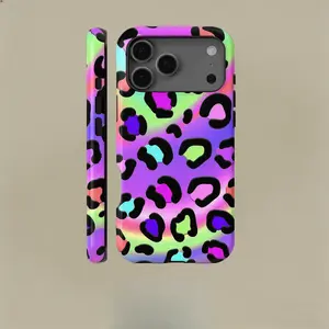 Neon gradient leopard print pattern, durable and shock-absorbing glossy 2-in-1 phone case, suitable for iPhone 17, 16, 15, 14, 13, 12, 11 X, Samsung and other series models, can be given as a holiday gift to friends or home