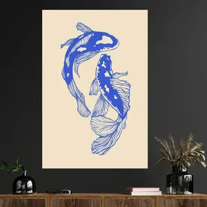 Blue Koi Canvas Print, Japanese Vintage Lucky Wall Art Poster, Modern Unframed Decor for Bedroom, Living Room, Office, Coffee Shop, Modern Minimalist Design
