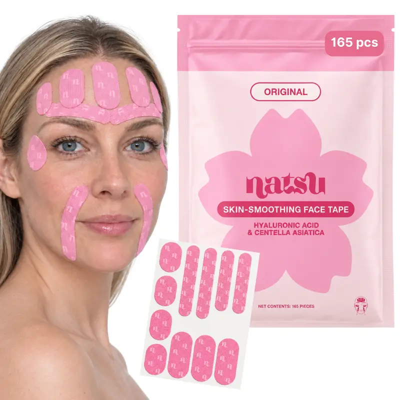 Cotton Face Tape - 165 Pre-Cut - Hyaluronic Acid & Centella Asiatica Cica - Overnight Wrinkle Smoothing for Forehead, Smile Lines, Frown Lines - Hypoallergenic, Latex-Free, Sensitive Skin Friendly