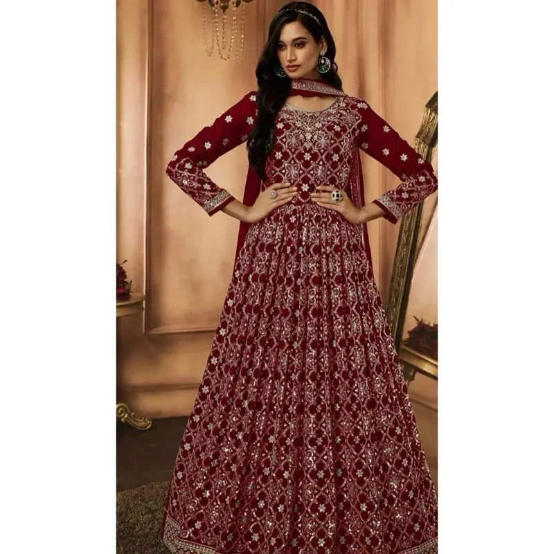 Maroon Size 42 Georgette Resham Work Party Wear Gown With Dupatta - Sequins Thread-work Embroidery for Special Occasions