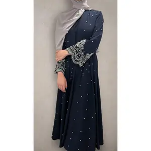 Two Piece Open Front Pearl Abaya - White Lace on Navy