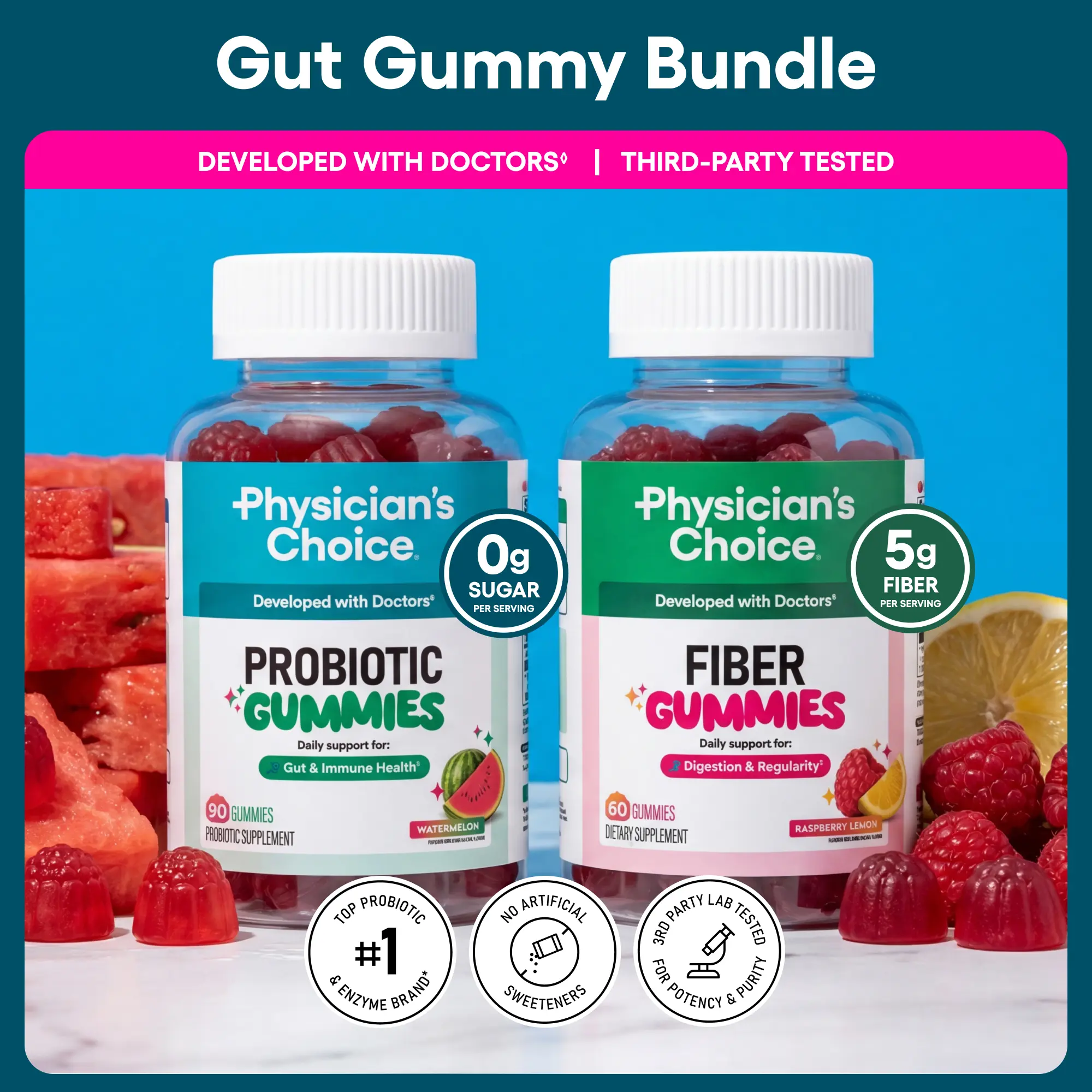 Physician's Choice Gut Gummy Bundle: Gut & Immune Health for Adults with Prebiotic Fiber & Probiotic Gummies - No Sugar Added Physician's Choice Gut Gummy Bundle: Gut & Immune Health for Adults with Prebiotic Fiber & Probiotic Gummies - No Sugar Added