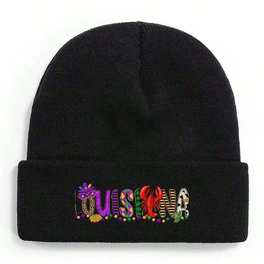 S&T Acrylic Fitted Graphic Winter Beanie - Louisiana Mardi Gras Themed, Crawfish, Mask & Beads Artwork, Soft Warm Knit Cuffed Ski Cap, Breathable Everyday Hat for Men & Women, Hand Wash Only, Casual, Cold Wash Only, One Size