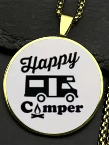 'Happy Camper' RV Necklace, Zinc Alloy + Clear Glass Pendant, Jewelry for Camping Enthusiasts, Vintage Outdoor Adventure Accessory