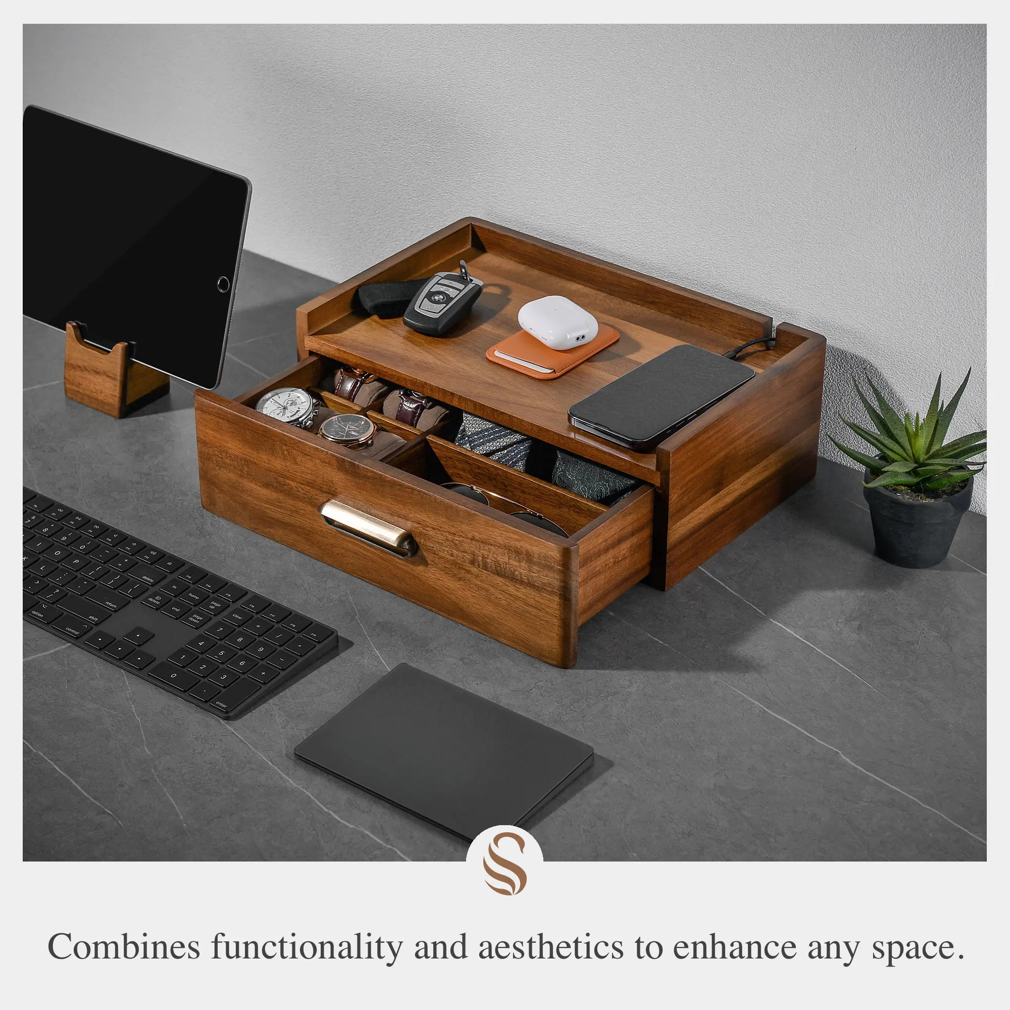 Wooden Valet Tray for Men Single Drawer Box with Removable Sunglasses, Phone & Watch Stand, Docking Station Organizer, Manly Gift, Engraved