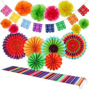 16 Pieces Fiesta Party Decorations for Hispanic Heritage Month, 1 Serape Table Runner, 6 Colorful Round Paper Fans, 8 Pom Poms Flowers, 1 Felt Papel Picado Banner for Cinco De Mayo