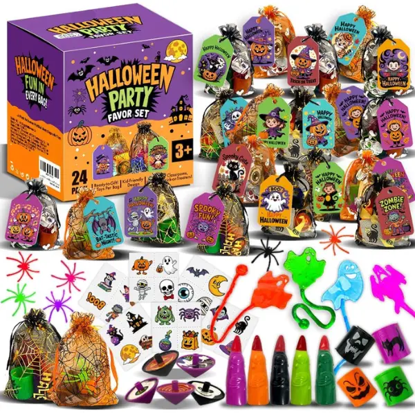 24 Pack Halloween Party Favors for Kids Prefilled Trick or Treat Goodie Bags with Toys Halloween Treat Bags with Gift Tags & Twine Classroom Prizes Halloween Goody Bag Fillers School Party Favors Candy Alternative Gifts