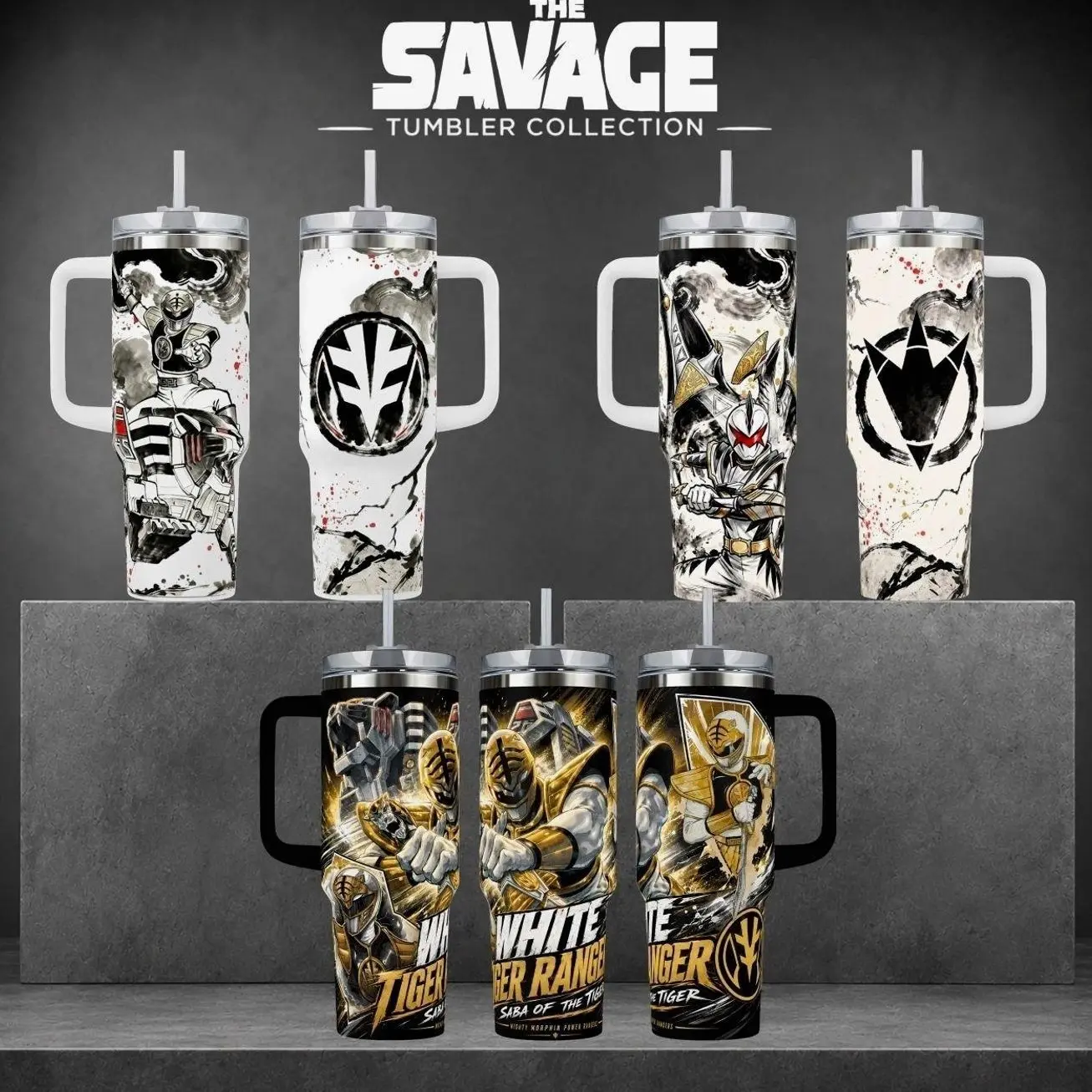 White Ranger Tigerzord Graphic Tumbler, Mighty Morphin 40oz Cup with Handle, Saba Sword Martial Arts 20oz Stainless Steel Travel Mug, 90s Nostalgia Hero Gift, White Ranger Inspired Insulated Tumbler